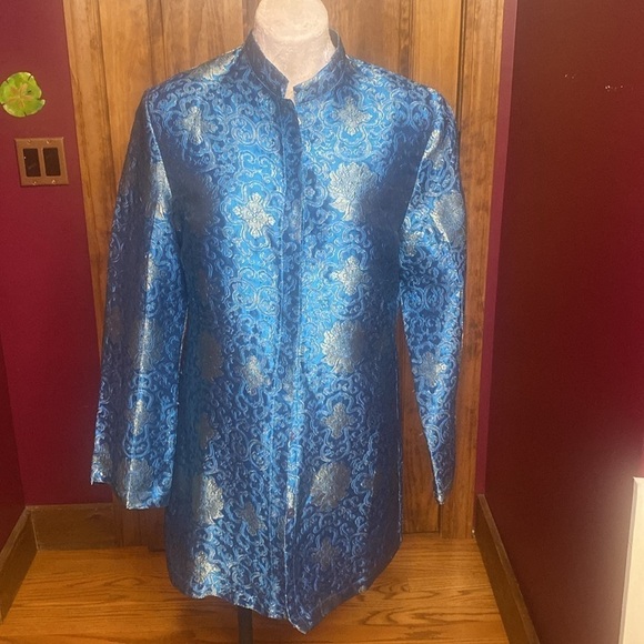 VTG Peacock Blue W/Gold Floral Threading Asian Jacket long Blazer Size Sz L - Picture 5 of 12